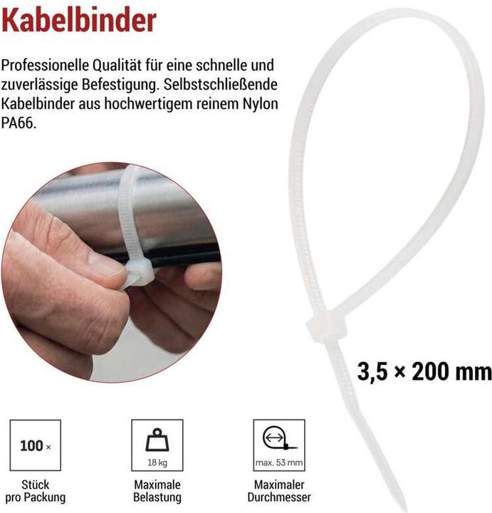 Actual product image Emos Cable tie 200×3,5, white, 100 pcs (200 mm, 100 pcs.)