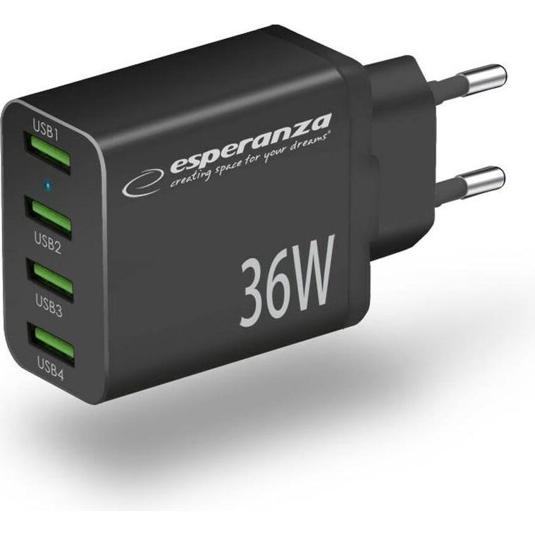 Esperanza EZC107K Netzladegerät 36W Schwarz (36 W), USB Ladegerät, Schwarz