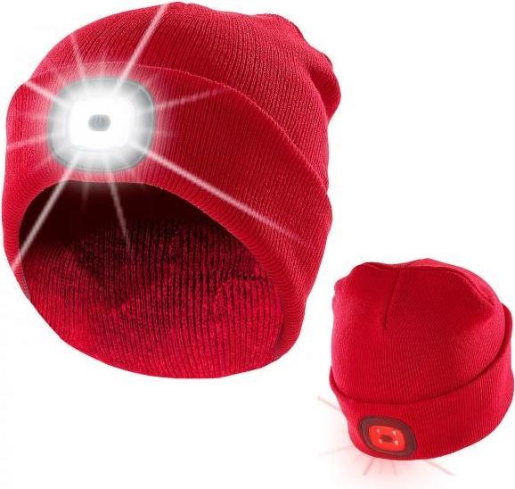 Actual product image Lunartec Headlamp red knit beanie hat winter cap with white (front) & red (back) LEDs