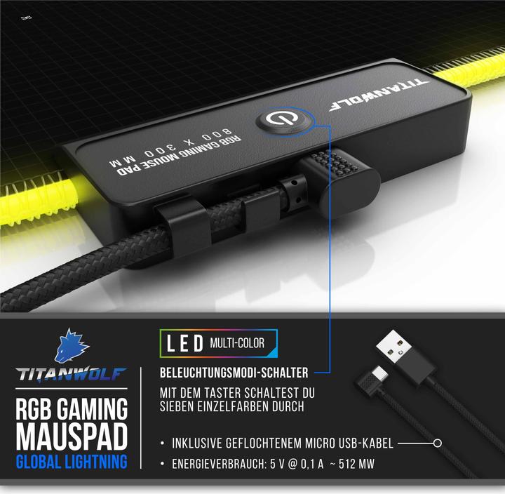 Produktbild Titanwolf RGB Gaming Mauspad, Mausmatte XL 800 x 300mm verbessert Präzision & Geschwindigkeit, Global