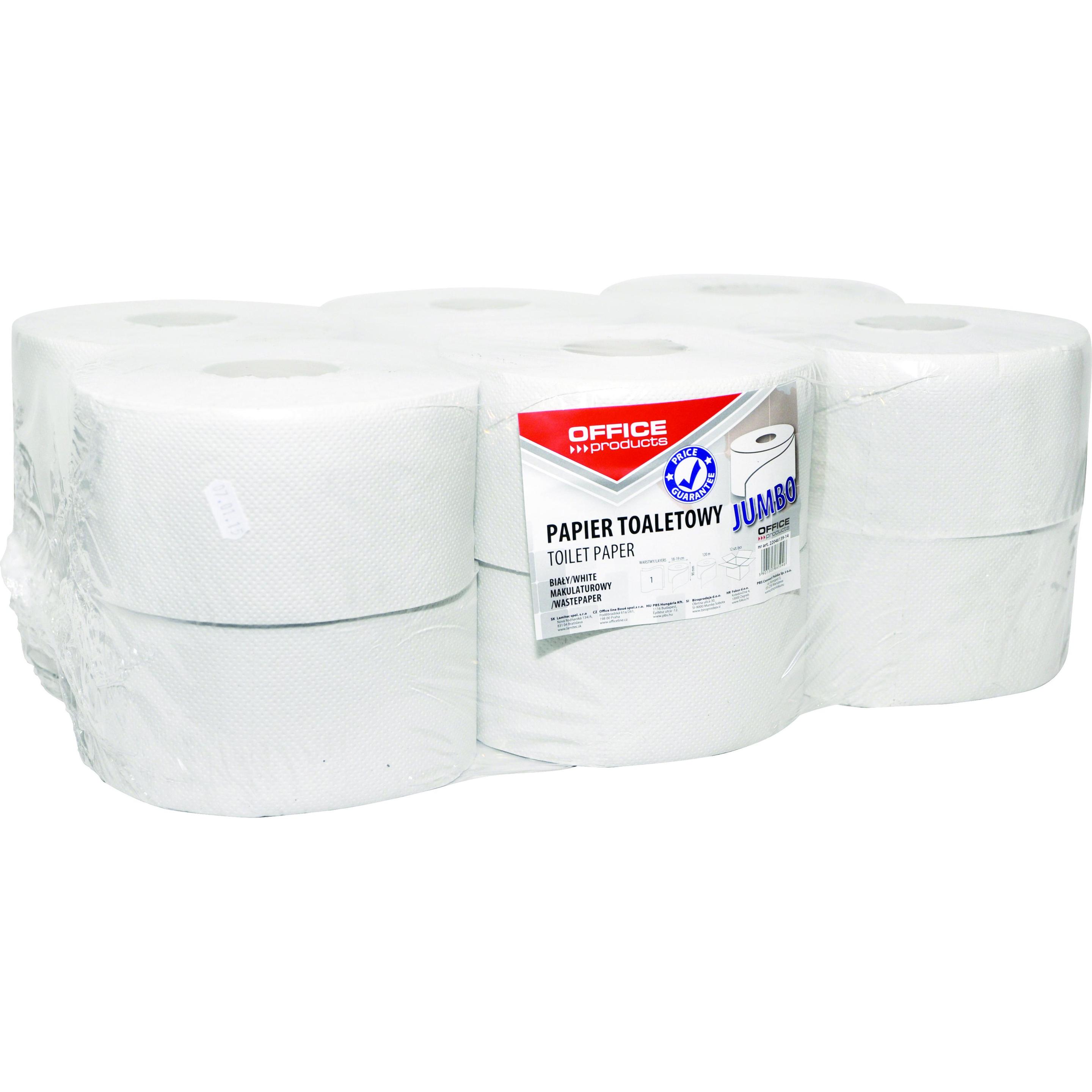 Office Products, Carta igienica, Carta igienica in carta riciclata jumbo, 1 velo, 120 m, 12 pezzi, bianco (12 pz.)