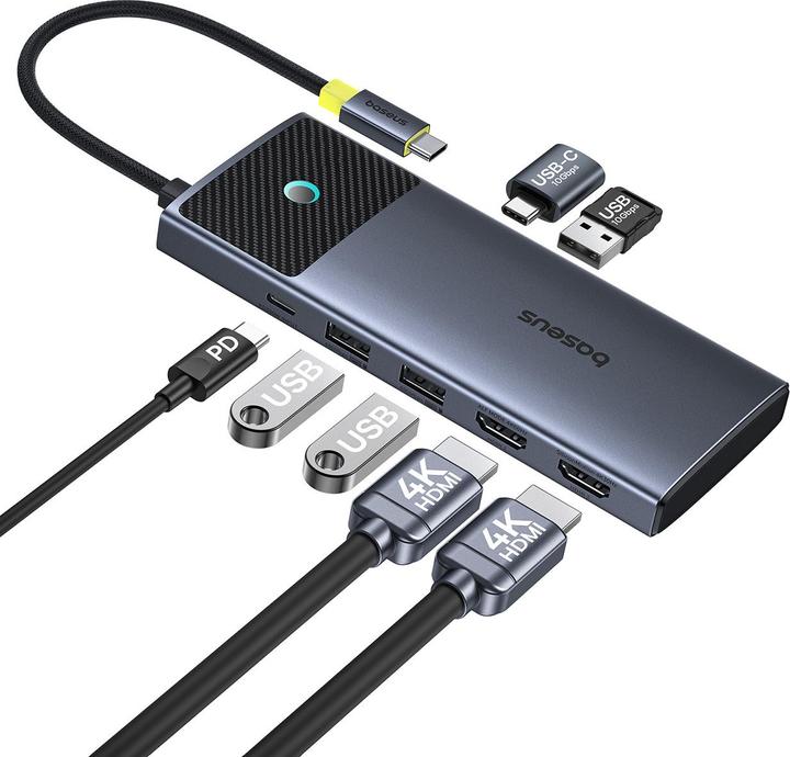 Actual product image Baseus HUB Metal Gleam Series II 7in1 USB-C - USB-C PD100W / 2x USB-A / 2x HDMI 4K / USB-A 3.0 / USB (USB-C, 7 ports)