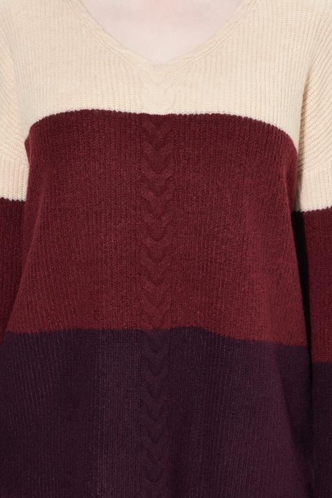 Actual product image Ulla Popken Cable Knit Block Stripe V-Neck Sweater (46, 48)