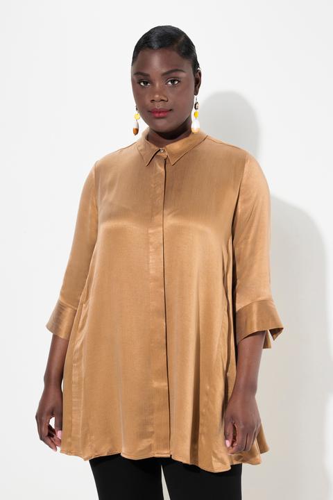 Immagine prodotto Ulla Popken Blusa dal taglio svasato con cupro, pieghe godet, colletto da camicia e maniche a 3/4 (42, 44)