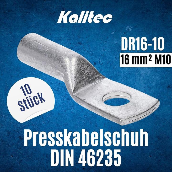 Actual product image Kalitec 10 pieces DR16-10 compression cable lug 16mm² M10 I Connector to DIN 46235 I Made in Germany