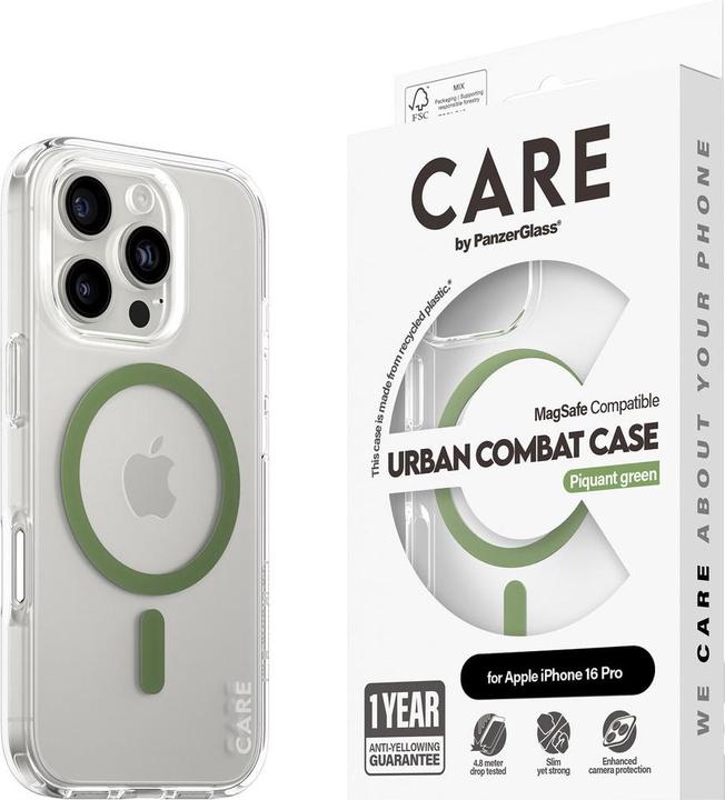 Actual product image PanzerGlass CARE Flagship Case Urban Combat w. Green MagSafe iPhone '24 6.3" Pro (Apple iPhone 16 Pro)