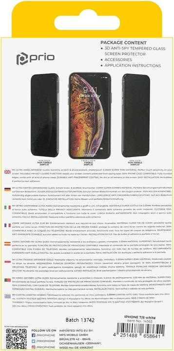 Immagine prodotto prio Vetro protettivo 3D anti-spia per iPhone 7/8 bianco (1 Pezzo/i, Apple iPhone 7, Apple iPhone 8)