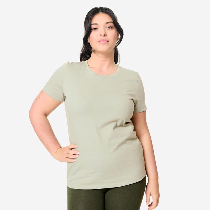 Domyos Tee-shirt en coton col rond femme, vert sauge (S)