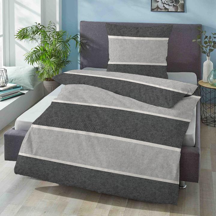 Actual product image Biberna Melange Flanell Bettwäsche Blockstreifen sturmgrau (Duvet cover, 80x80 cm)