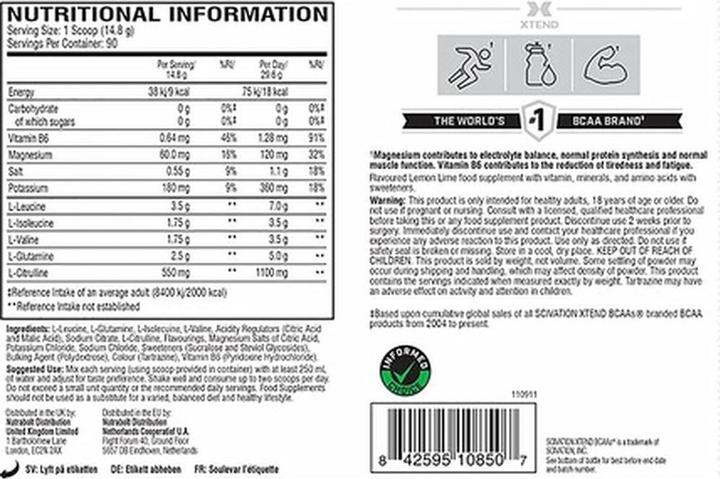 Valeurs nutritives et ingrédients Scivation Xtend BCAA (1320 g, 1x)