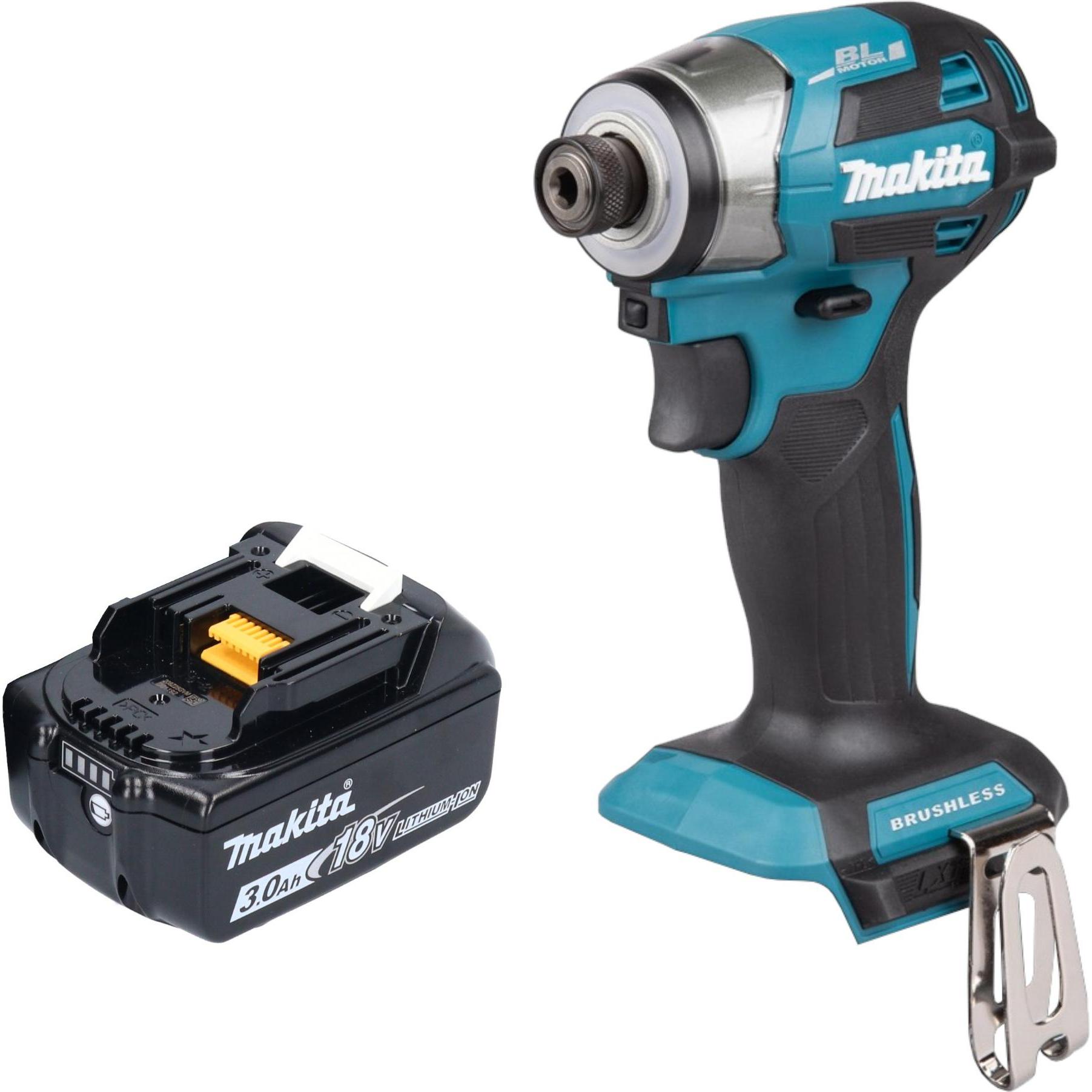 Makita, Bohrmaschine + Akkuschrauber, DTD 173 F1 Akku Schlagschrauber 18 V 180 Nm 1/4“ Brushless + 1x Akku 3,0 Ah - ohne...