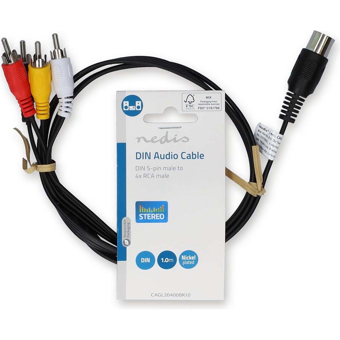 Nedis DIN-Audio-Kabel DIN 5-Pin Stecker 4x RCA Stecker Vernickelt 1.00 m Rund PVC Schw (1 m), Audio Kabel