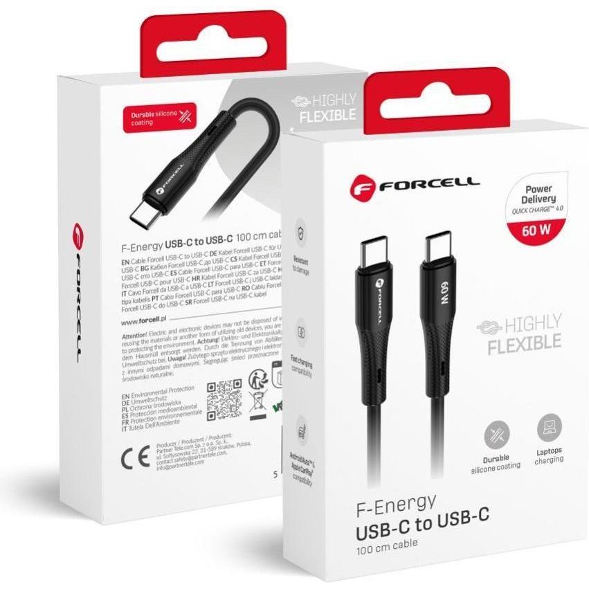 Forcell Cable F-ENERGY C344 cable Type C to Type C QC4.0 PD 3A 60W Silicone 1 m black (1 m, USB 2.0, 60 W), Cavo USB