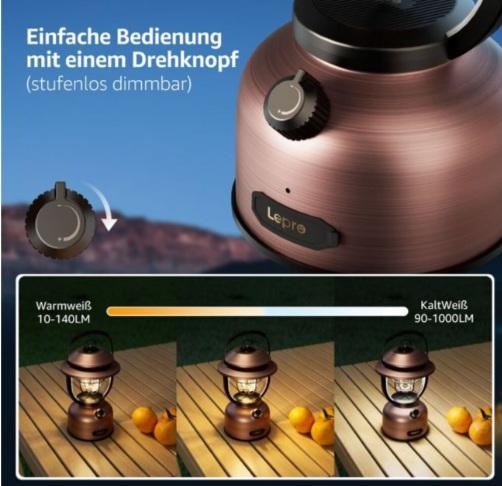 Actual product image Lepro LED Retro Camping-Laterne mit Powerbank-Funktion