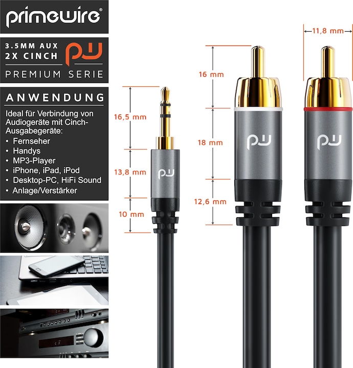 Produktbild Primewire Cinchkabel - Cinch zu 3,5mm Klinke Audio Kabel, RCA, AUX, Stereo HiFi Adapter mehrfach geschirmt (1 m, 3.5mm Klinke (AUX), Cinch)