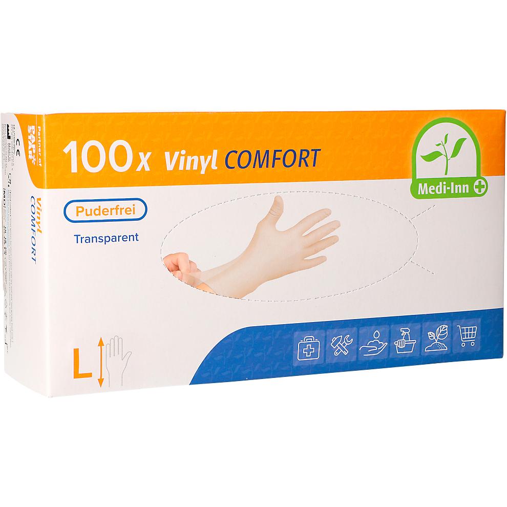 Papstar, Schutzhandschuhe, Einmalhandschuhe Medi-Inn Comfort, Vinyl, puderfrei, latexfrei, transparent, 100 Stück (L)