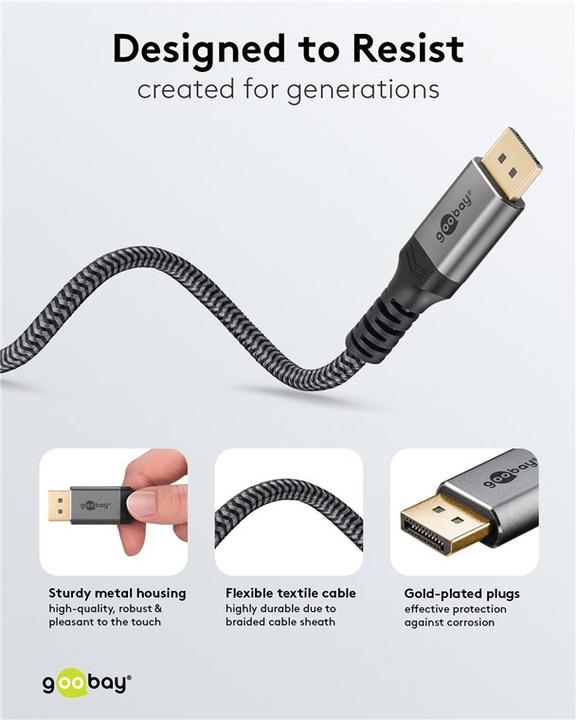 Productafbeelding Goobay DisplayPort-kabel, DP 1.4, 3 m, Sharkskin grijs (3 m, DisplayPort)