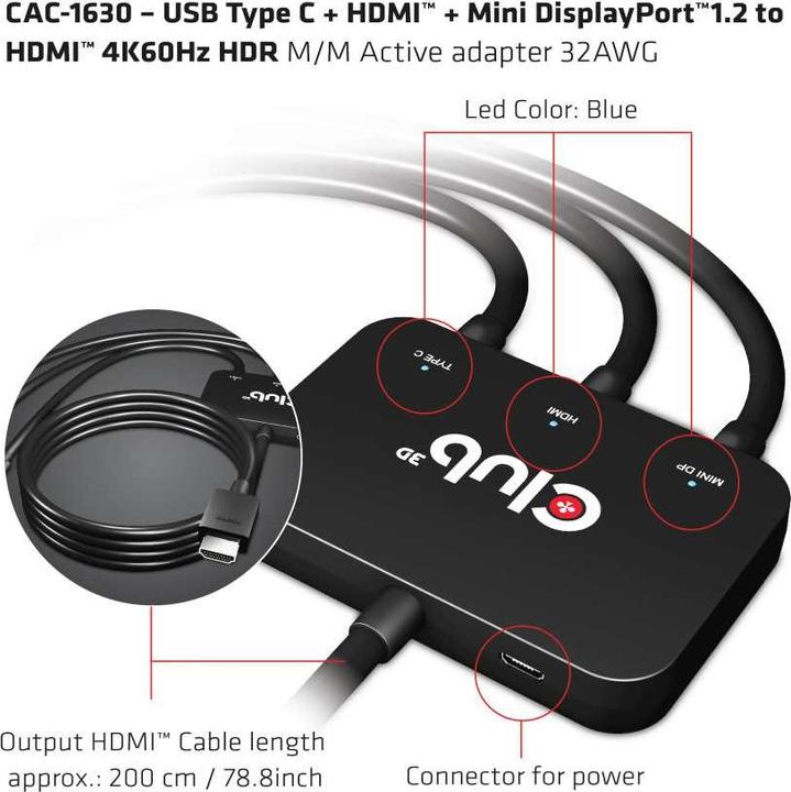 Actual product image Club 3D Active Adapter Multiport to HDMI 4K60Hz (HDMI, Mini DP, USB-C, 8 cm)