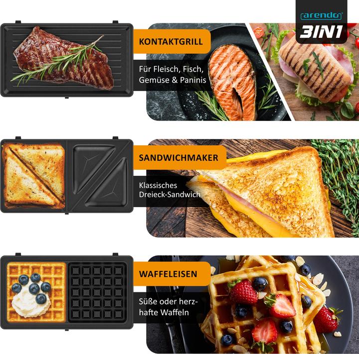 Image du produit Arendo 3-in-1-Sandwichmaker Waffeleisen & Kontaktgrill, abnehmbare Platten, 1000 W, Waffel & Grill, Panini