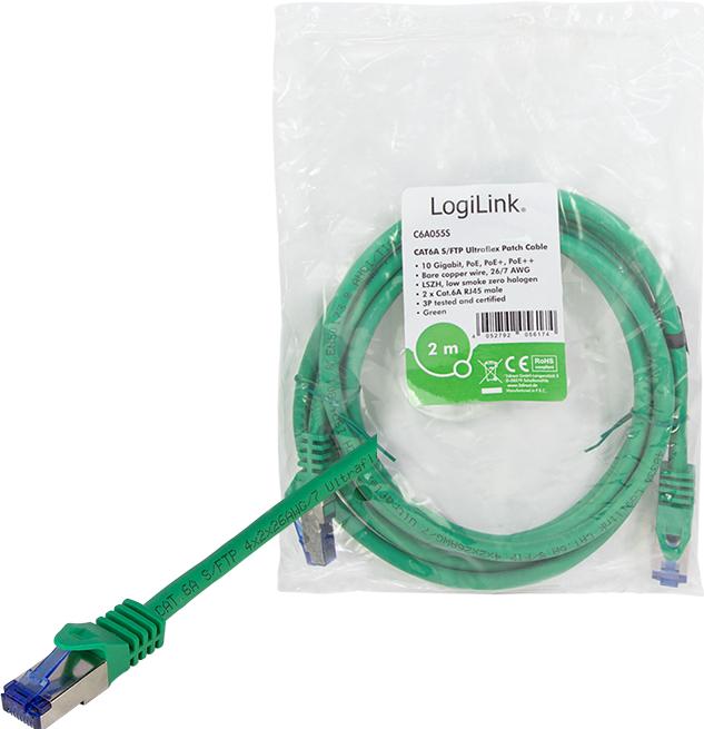 Produktbild LogiLink Patchkabel Ultraflex, Kat.6A, S/FTP, 2,0 m, grün mitCat.7 Rohkabel, extra flexibles & weiches Kabel (S/FTP, CAT6a, 2 m)