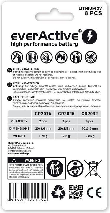Image du produit Everactive LITHIUM BATTERY KIT, 4X CR2032, 2X CR2025, 2X CR2016 CRMIX8BL (CRMIX8BL) - Batte (8 pcs, CR2016, CR2025, CR2032)