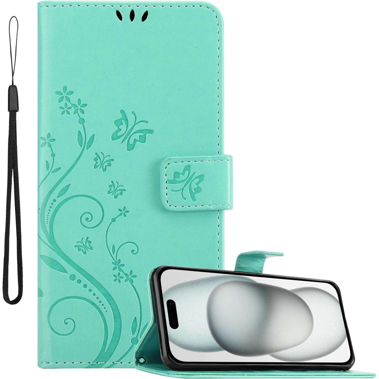 Cadorabo Hülle für Apple iPhone 15 mit Blumen Muster (Apple iPhone 15), Smartphone Hülle, Türkis