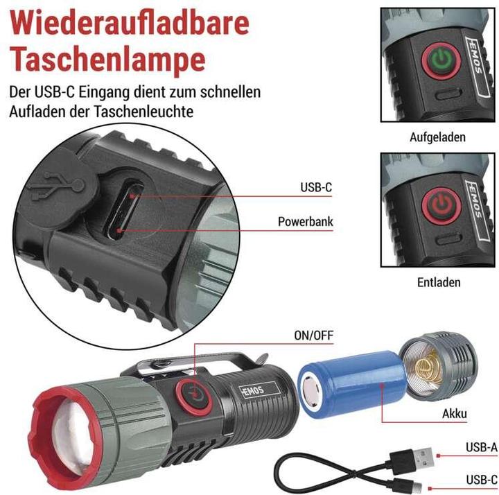 Produktbild Emos LED RECHAR. METAL FLASHLIGHT SMALL 350 lm, 700mAh (9 cm, 300 lm)