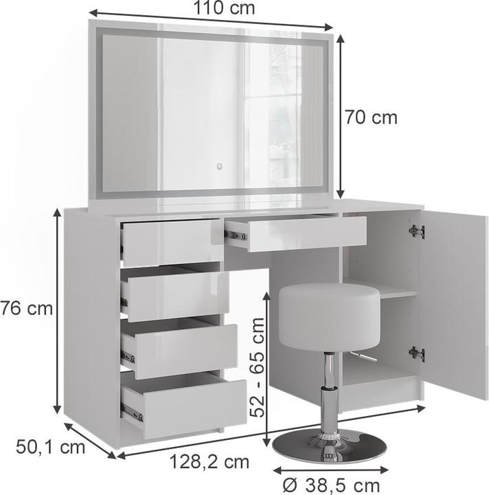 Image du produit Vicco Sherry avec miroir LED et tabouret (128.20 x 50.10 x 76 cm)