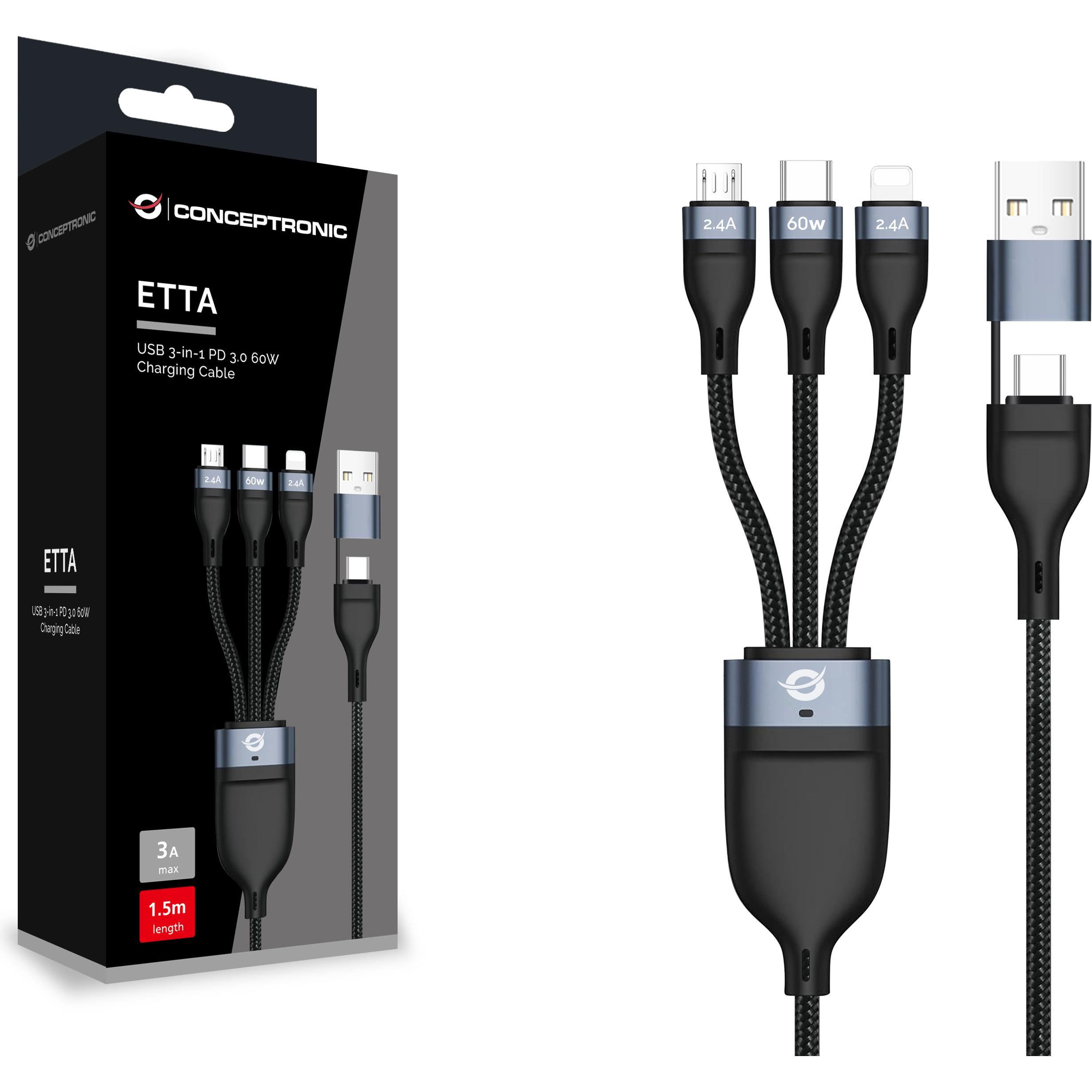 Thumbnail - Conceptronic Kabel USB-C/A 3.0 -> 3-in-1 60W 1.50m 480Mbps (1.50 m, USB 2.0), USB Kabel