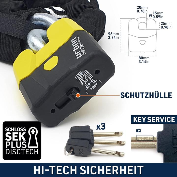 Immagine prodotto Urban Security U8K150 High Security AntiTheft Chain padlock approved CLASSE SRA 15 150cm Made in EU (150 cm)