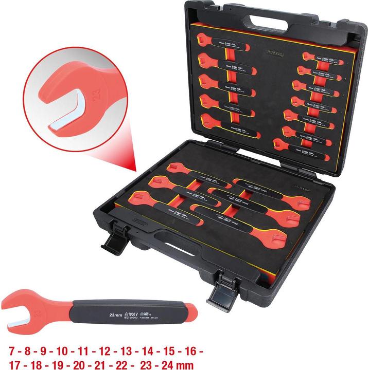 Actual product image KS Tools Open-end wrench set with protective insulation 118.1500 (24 mm, 8 mm, 10 mm, 14 mm, 21 mm, 23 mm, 18 mm, 22 mm, 11 mm, 7 mm, 12 mm, 19 mm, 17 mm, 20 mm, 15 mm, 13 mm, 9 mm, 16 mm)