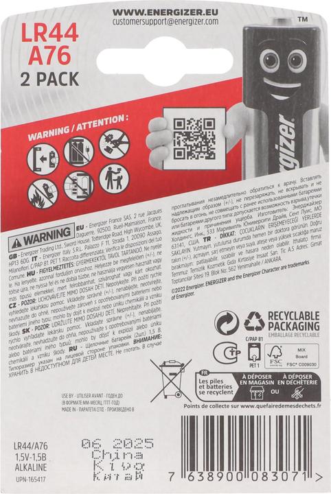 Produktbild Energizer LR44 2er Pack V13GA, A76, 82, LR1154, 357A Knopfzelle 2er Pack (2 Stk., LR44, 125 mAh)