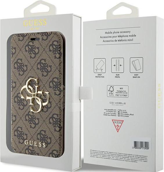 Actual product image Guess GUBKP15S4GMGBR iPhone 15 / 14 / 13 6.1" brązowy/brown book 4G Metal Logo (Apple iPhone 15, Apple iPhone 13, Apple iPhone 14)