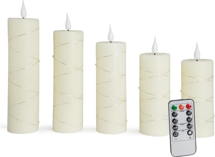 Hermex 5er-Set LED Echtwachskerze mit Lichterkette Elektronische Stabkerze (5x)