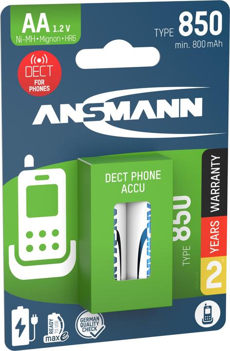 Produktbild Ansmann Dect NiMH Akku Mignon AA Typ 850 (min. 800 mAh) maxE (2 Stk., AA, 800 mAh)