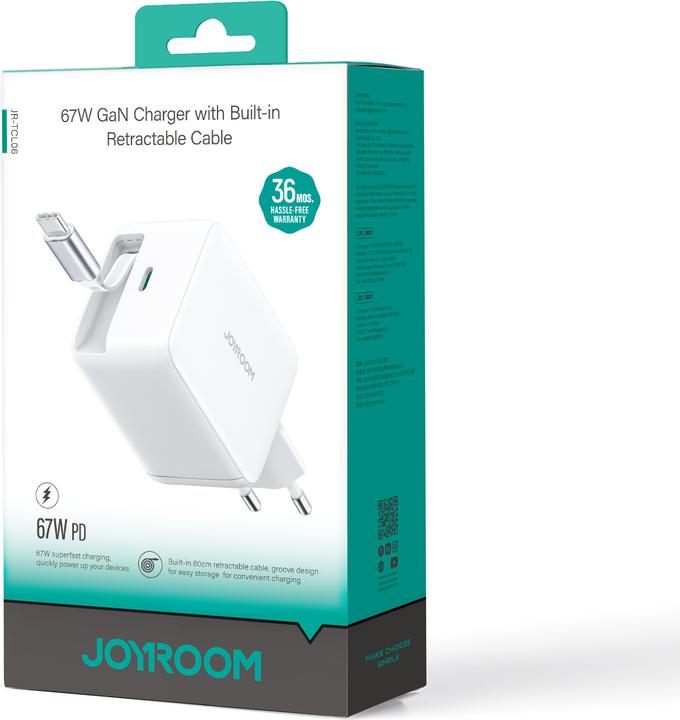 Productafbeelding Joyroom GaN USB-C Charger with Retractable Cable 67W - White (67 W)