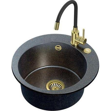 Steiner, Waschbecken, ART JAMES 210 (Ø51x20) Steingran Art Gold Black Pearl with Handheld Siphon, Maggie PVD Tap and Plu...