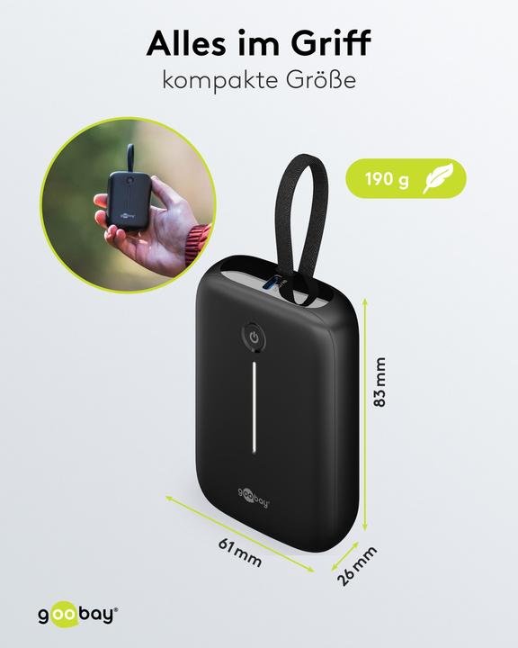 Productafbeelding Goobay Powerbank 10.000 mAh mit integriertem USB-C-Kabel (10000 mAh, 15 W, 37 Wh)