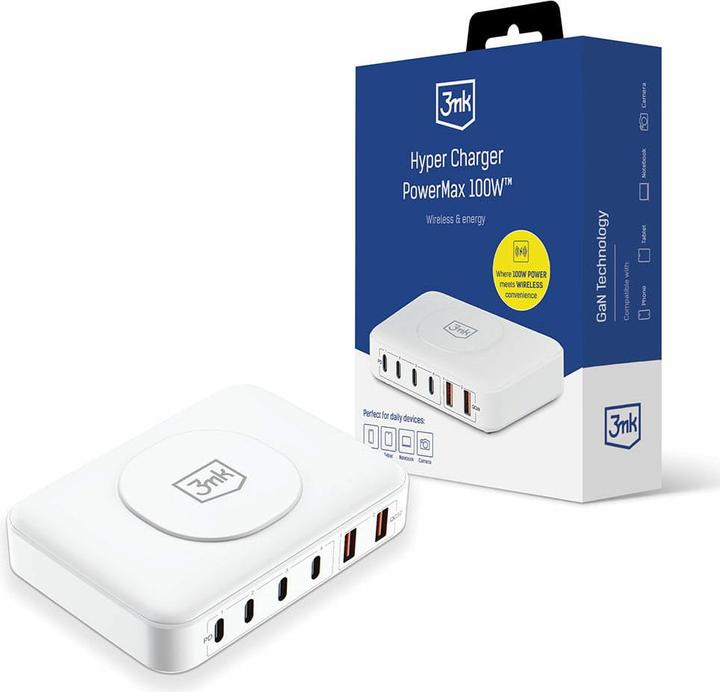 Produktbild 3MK Hyper Charger PowerMax 100W 4xUSB-C + 2xUSB-A stacja ładująca z ład. indukcyjną QC+PD (100 W, 7 Ports)