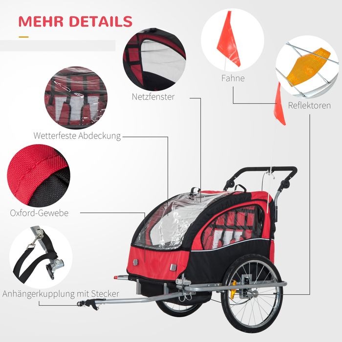 Produktbild Swisshandel24 Kinderanhänger für 2 Kinder Regenschutz atmungsaktiv Oxfordgewebe Rot 155x88x108cm