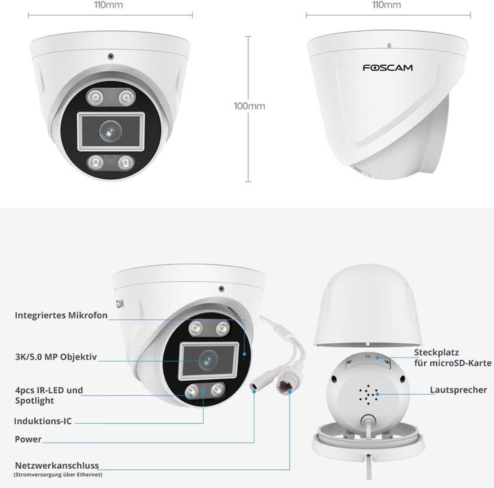 Actual product image Foscam T5EP Surveillance Camera White 5MP (3072x1728), PoE, Integrated Spotlight and Siren (3072 x 1728 pixels)