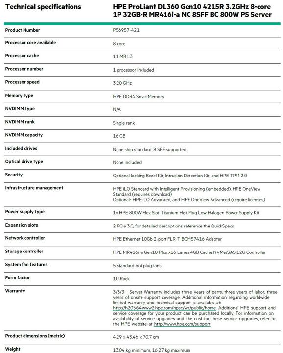 Nährwerte und Zutaten HPE ProLiant DL360 Gen10 4215R 8-core 1P -R MR416i-a NC 8SFF BC PS Server (Intel Xeon Silver 4215R, 32 GB, Rack Server)