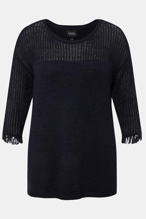 Produktbild Ulla Popken Pullover, Lochmuster, Rundhals, Fransen, 3/4-Arm (54)