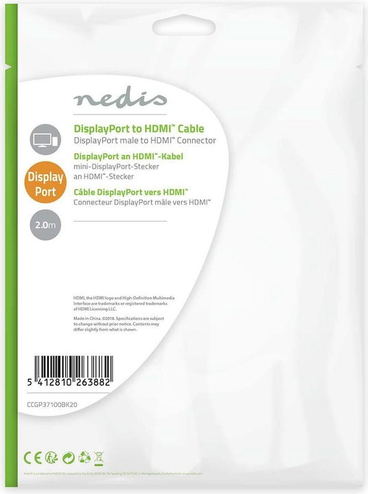 Produktbild Nedis Video- / Audiokabel (2 m, DisplayPort, HDMI)