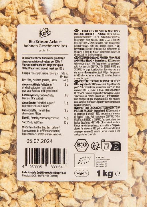 Nährwerte und Zutaten KoRo Texturiertes bio Protein aus Erbsen und Ackerbohnen (1000 g)