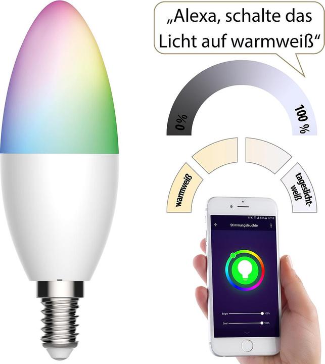 Produktbild Luminea WLAN-LED-Lampe für Amazon Alexa und Google Assistant, E14, 5,5 W (E14, 5.50 W, 470 lm, 1 x, F)