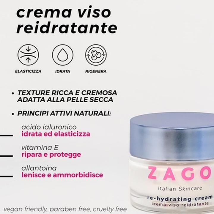 Actual product image Zago Milano Moisturizing Face Cream Re-Hydrating Cream with Hyaluronic Acid Italian Skincare (Face toner)