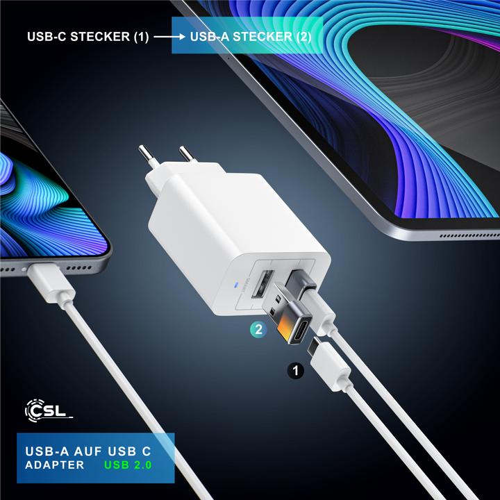 Actual product image CSL Adapter Stecker USB-A auf USB-C Buchse, USB 2.0, 480 Mbit/s Transfer, ultraflaches Design, Plug&Play (USB-C)