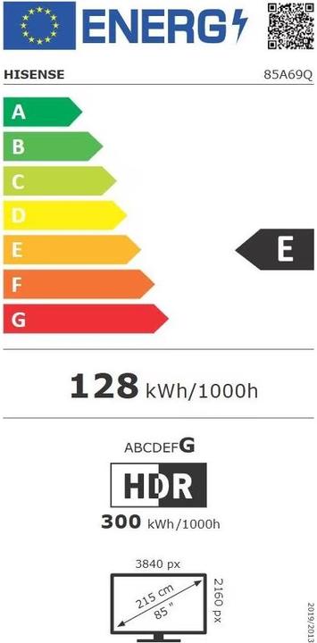 Etichetta energetica Hisense TV Smart Tv4K UHD, Schwarz, E (85", LED, 4K)