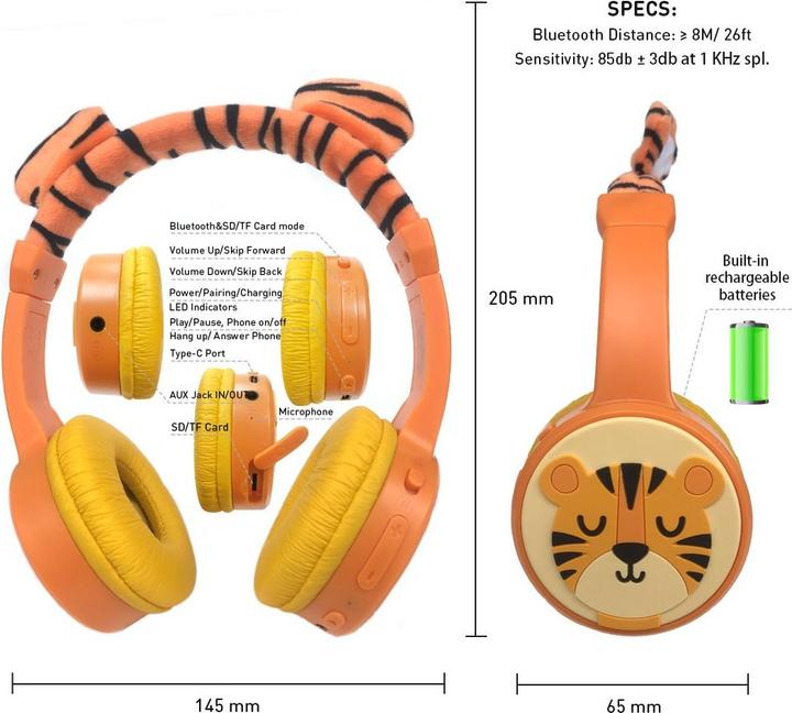Actual product image PhoneLook Casque cool sans fil Bluetooth 5.3 pour enfants avec volume atténué 85dB et design amusant Tigre